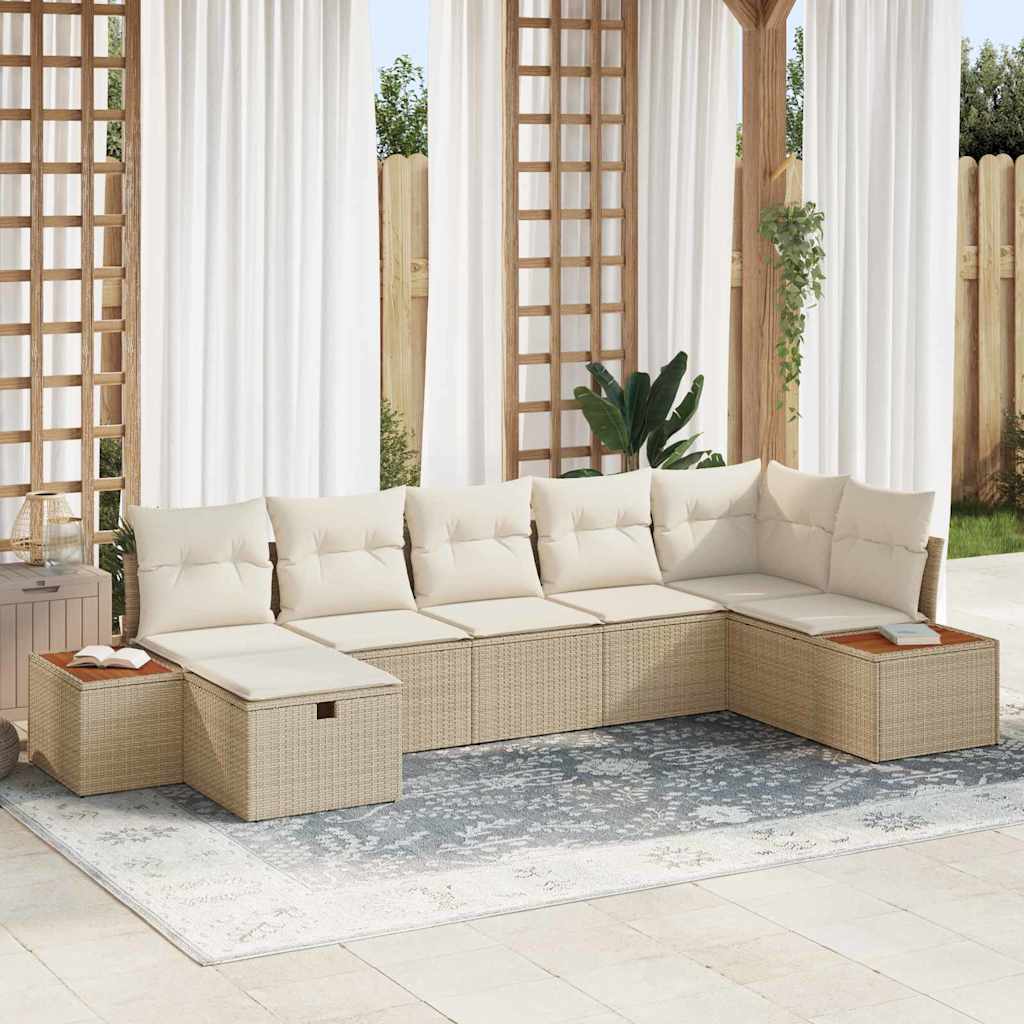 Garten-Sofa-Set mit Kissen 7 pcs Beige Poly Rattan